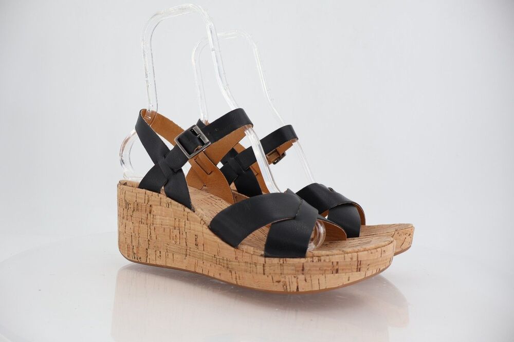 Korks Denica Wedge Sandal Women Size 10 Black Faux Leather Cork Platform Chunky